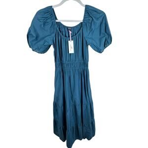 Vinyard Vines NWT Mallard Blue Lightweight Short Puff Sleeve Tiered Maxi Dress S